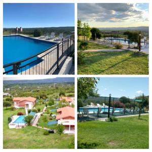un collage de cuatro fotos de una piscina en Aiken Cabañas en Villa Cura Brochero
