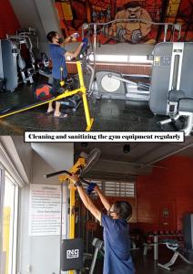 twee foto's van een man die aan een bed werkt in een sportschool bij Witchuwan Apartel in Bangkok