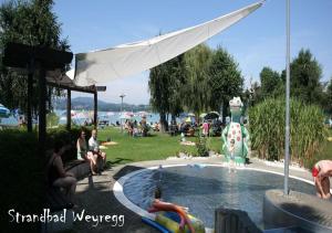 un groupe de personnes assises autour d'une piscine dans un parc dans l'établissement Ferienwohnungen Jodlbauerhof, à Weyregg