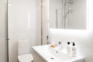 a bathroom with a sink and a toilet and a mirror at Roost Hämeenkatu in Tampella +4 photos