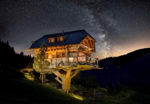 a tree house on a tree stump at night at Tanne Tonbach - Wellness & Wohlfühl Hotel in Baiersbronn