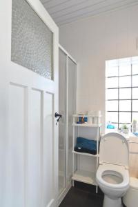 a white bathroom with a toilet and a shower at Apartments Villa Manalou in Wenduine