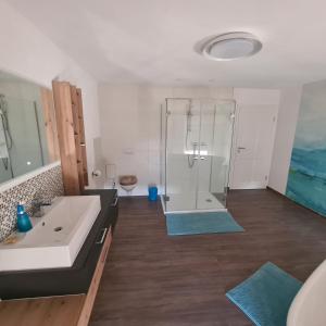 a bathroom with a shower and a sink at Gästezimmer Treuen - Bed & Breakfast in Treuen +21 photos