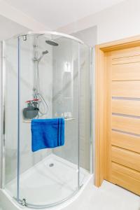 Alvista Apartamenty في ميكلينكي: حمام مع دش مع منشفة زرقاء