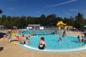 um grupo de pessoas em uma piscina em um parque aquático em Le Moulin du Château em Dompierre-les-Églises