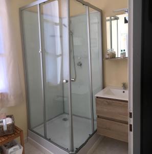 a glass shower in a bathroom with a sink at les mésanges in Bourré