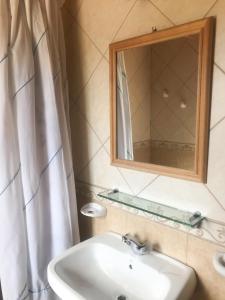Hosteria Miyazato Inn في إل كالافاتي: حمام مع حوض ومرآة