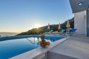 a swimming pool with a pineapple on the edge of a house at Villa Maslina with heated Pool in Veliko Brdo