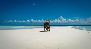 uma pessoa sentada numa cadeira numa praia em Pemba Paradise em Makangale