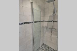 a shower with a glass door in a bathroom at Les ammonites gîte de charme en Bourgogne in Guillon