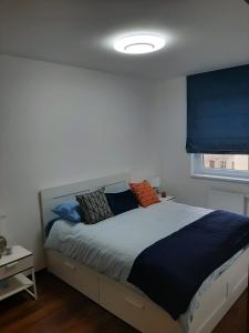 a bedroom with a bed with blue and orange pillows at Rozsa55 apartment 2 rooms in Budapest