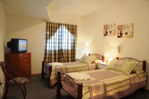 a hotel room with two beds and a television at Hotel Salerno in Villa Carlos Paz