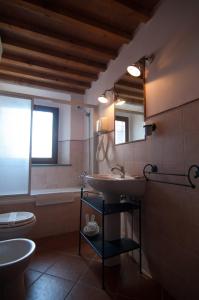 a bathroom with a sink and a toilet and a mirror at Arpaderba B&B in Livorno