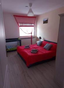 a bedroom with a red bed and a window at Mieszkanie u Tomka INPIW02 in Piwniczna-Zdrój