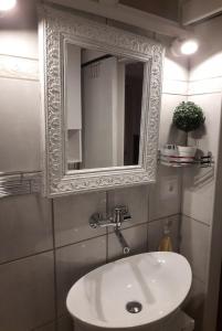a bathroom with a white sink and a mirror at Zeleni brig in Mrkopalj