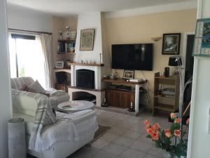 un salon avec un canapé et une télévision dans l'établissement Villa indépendante climatisée Tiuccia Bord de mer, à Casaglione