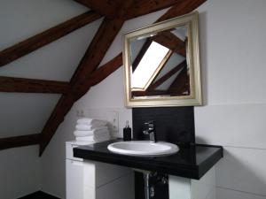 W łazience znajduje się umywalka i lustro. w obiekcie Lechwirt w mieście Schongau