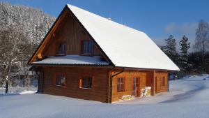 a log cabin with a snow covered roof in the snow at Apartmány Orlice in Červená Voda