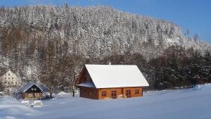 a wooden cabin with a snow covered roof in the snow at Apartmány Orlice in Červená Voda