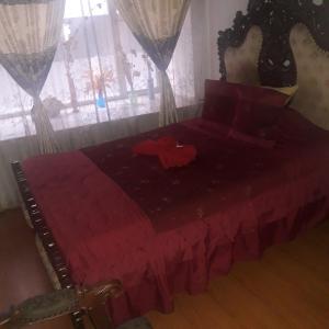1 dormitorio con cama roja y ventana en Escocie - Vargas, en Quito