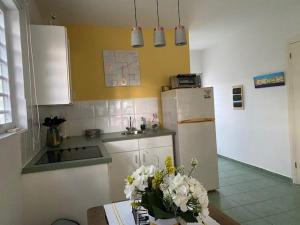a kitchen with a refrigerator and a table with flowers at Blue Lagoon Apartment in Lagun