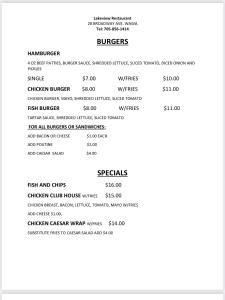 zrzut ekranu menu dla burgerów w obiekcie Lakeview Hotel w mieście Wawa