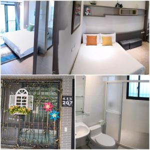 2 fotos de una habitación con cama y baño en Love Happiness Inn, en Suao