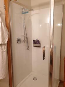 a shower with a glass door in a bathroom at Rail Trail Retreat Loft in Alexandra