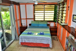 una camera con un letto in una stanza con una finestra di Hummingbird Rest a fully equipped cabana in subtropic garden a San Ignacio