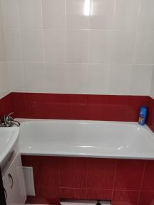La salle de bains est pourvue d'une baignoire blanche et de carrelage rouge. dans l'établissement Затишна квартира, à Tcherkassy