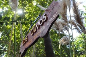 a wooden sign in front of some palm trees at Los Olivos Loft in Rosario