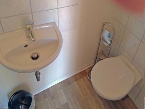 ein Badezimmer mit einem weißen Waschbecken und einer Toilette in der Unterkunft Mola Land-Kajüten in Breege