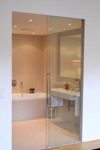 La salle de bains est pourvue d'une douche en verre et d'un lavabo. dans l'établissement Kolonada Luxury 3 bedroom apartment Manes, à Mariánské Lázně