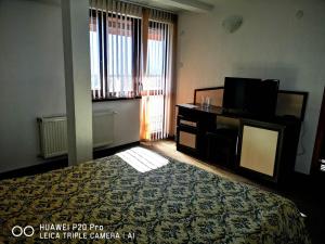 a hotel room with a bed and a television at Ribkata Family Hotel in Smolyan