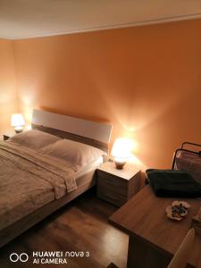 a bedroom with a large bed with two lamps at Cozy central apartment in Cluj Napoca in Cluj-Napoca