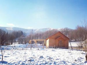 Bukovets的住宿－Верховинський котедж 2，雪中的小木屋,背景是群山