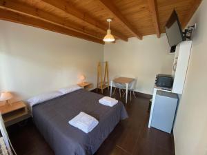 1 dormitorio con 1 cama, TV y mesa en Apart Las Carretas en El Calafate
