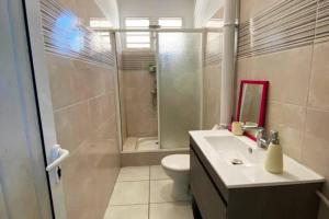 ein Bad mit einer Dusche, einem Waschbecken und einem WC in der Unterkunft Charmant appartement avec piscine in Le Robert