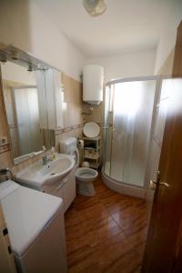 ein Bad mit einer Dusche, einem WC und einem Waschbecken in der Unterkunft Apartment Merica in Slatine