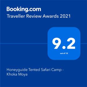 Un certificat, premiu, logo sau alt document afișat la Honeyguide Tented Safari Camp - Khoka Moya