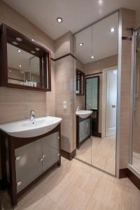 La salle de bains est pourvue d'un lavabo et d'une douche en verre. dans l'établissement Victus Apartamenty, Apartament Liczi, à Sopot