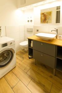 a bathroom with a washing machine and a sink at Stadtwohnung am Alleenring in Kirchheim unter Teck