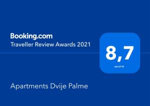 Certificado, premio, señal o documento que está expuesto en Apartments Dvije Palme