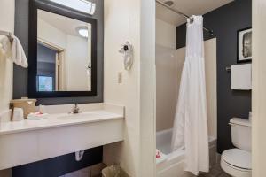 a bathroom with a sink and a toilet and a mirror at OYO Townhouse Orlando West in Orlando