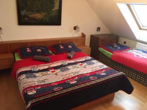 Un dormitorio con una cama con una manta. en Apartman Majak Sec, en Seč