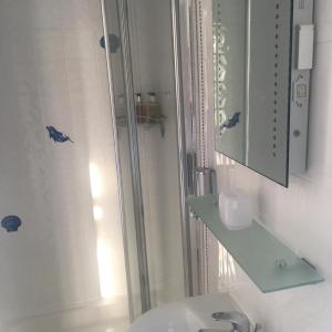 a bathroom with a shower and a sink and a mirror at Spurwing Guest House in Wareham