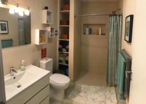 ein Badezimmer mit Toilette, Waschbecken und Dusche in der Unterkunft Surf Beach_Santa Barbara Secret Gardens in Ribeira Grande + 28 Fotos