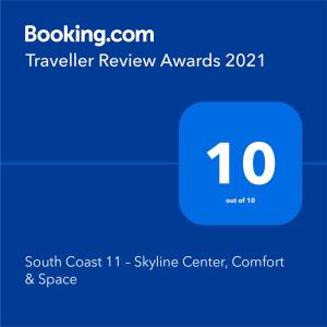 South Coast 11 – Skyline Center, Comfort & Spaceに飾ってある許可証、賞状、看板またはその他の書類