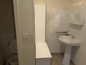 Chez Christian في Désertines: حمام أبيض مع حوض ومرحاض
