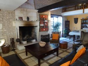 a living room with a fireplace and a couch at Le Maine Menot in Salles-Lavalette